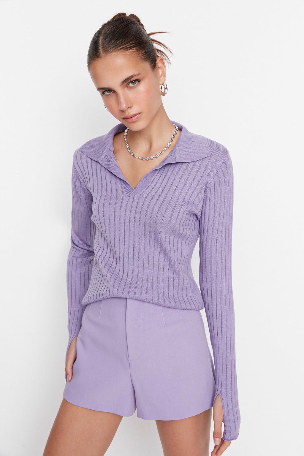 Lila Kol Ucu Detayl? Polo Yaka Triko Kazak TWOAW21KZ1113