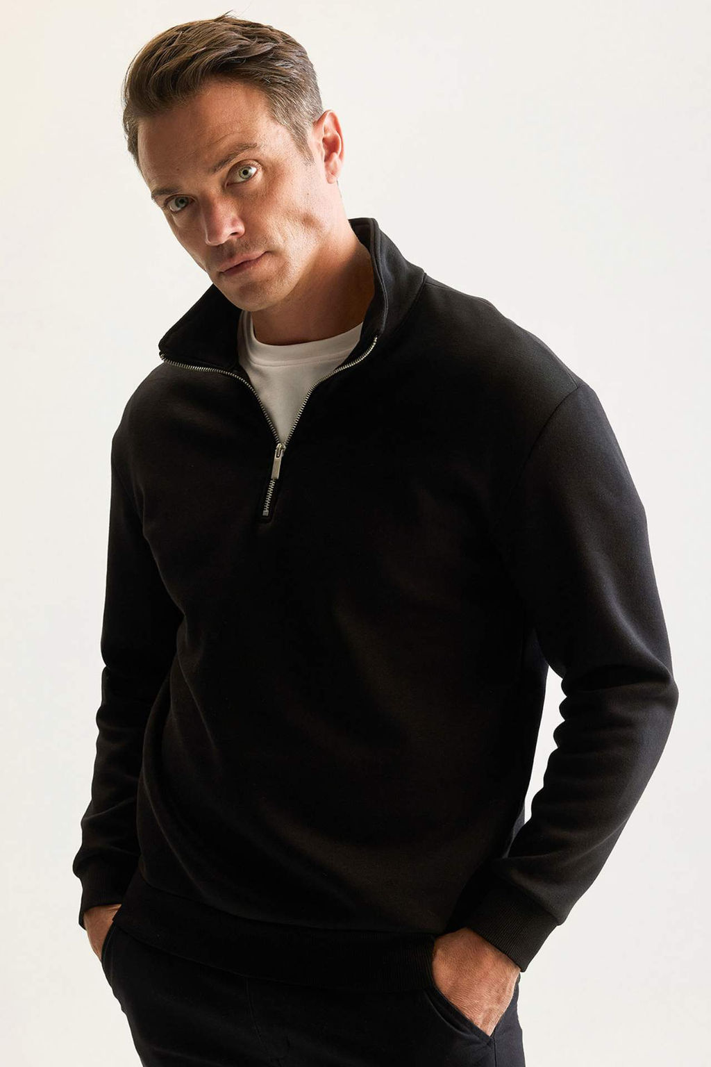 Lacivert 3 Iplik Pamuklu Sardonlu Ici Polarl? Comfort Regular Fit Rahat Kal?p Dik Yaka Fermuarl? Kal?n Sweatshirt - Defacto фото 5