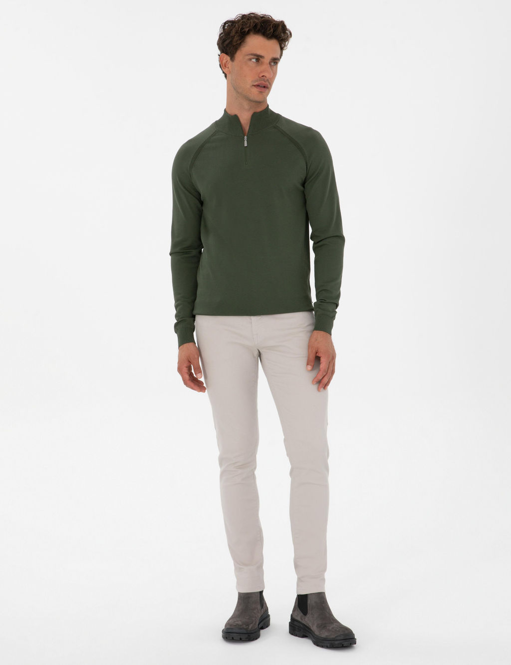 Koyu Haki Slim Fit Dik Yaka Fermuarl_ Triko Kazak - Pierre cardin фото 4