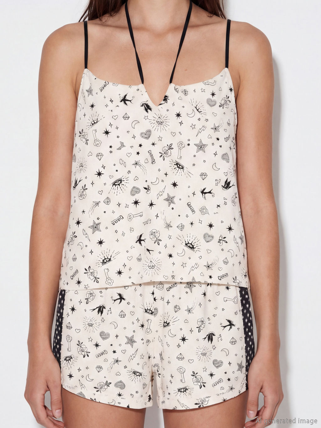 Desenli ?p Ask?l? Kad?n ?ortlu Pijama Tak?m?