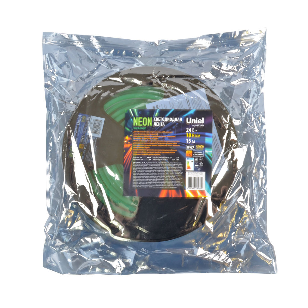 ULS-N11-2835-120LED/m-8mm-IP67-DC24V-10W/m-15M-GREEN Светодиодная гибкая герметичная лента. NEON. Катушка 15м. в герметичной упаковке. Зеленый свет. ТМ Uniel