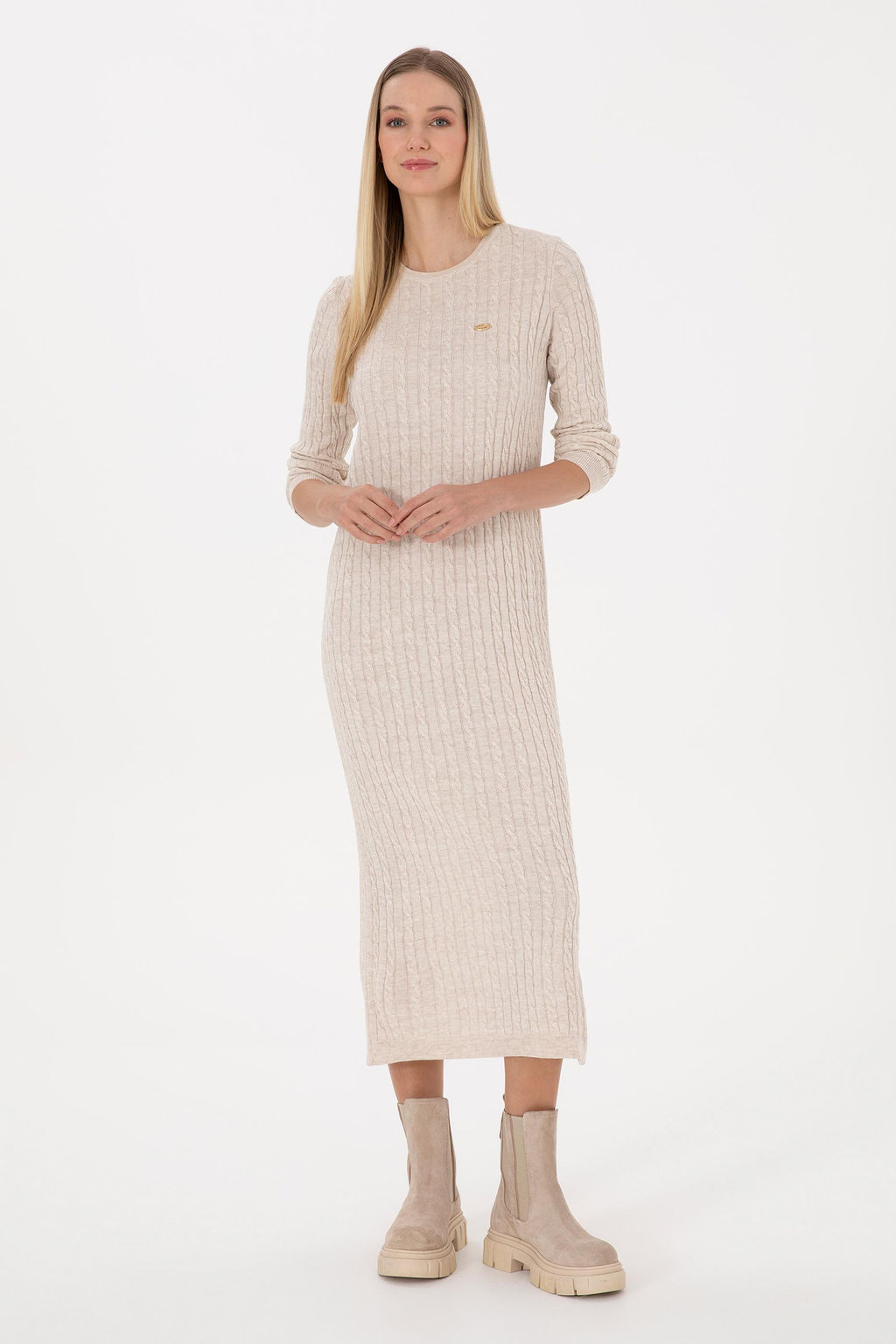 Kad_n Krem Triko Elbise