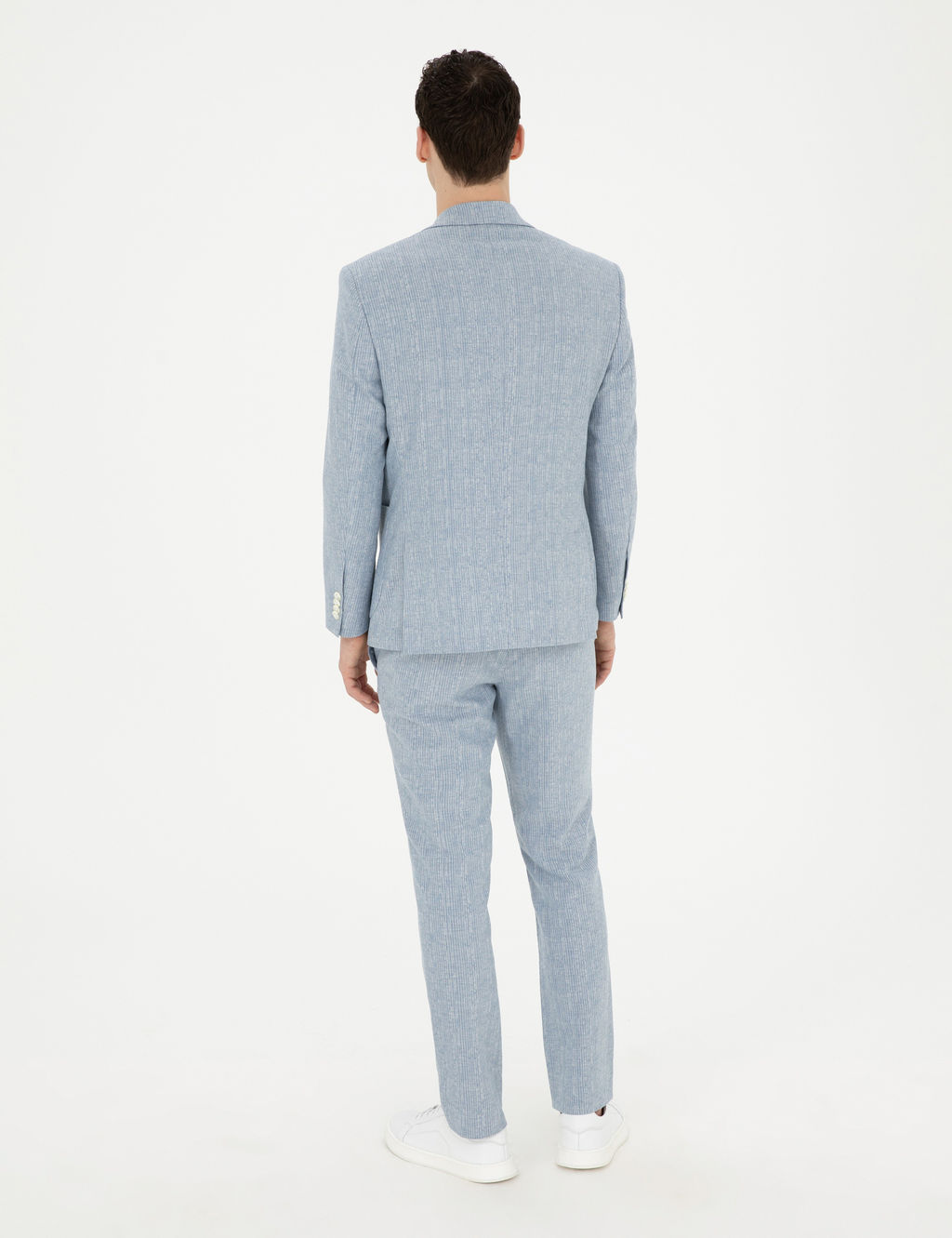 A__k Mavi Slim Fit Keten Kar___ml_ _izgili Tak_m Elbise