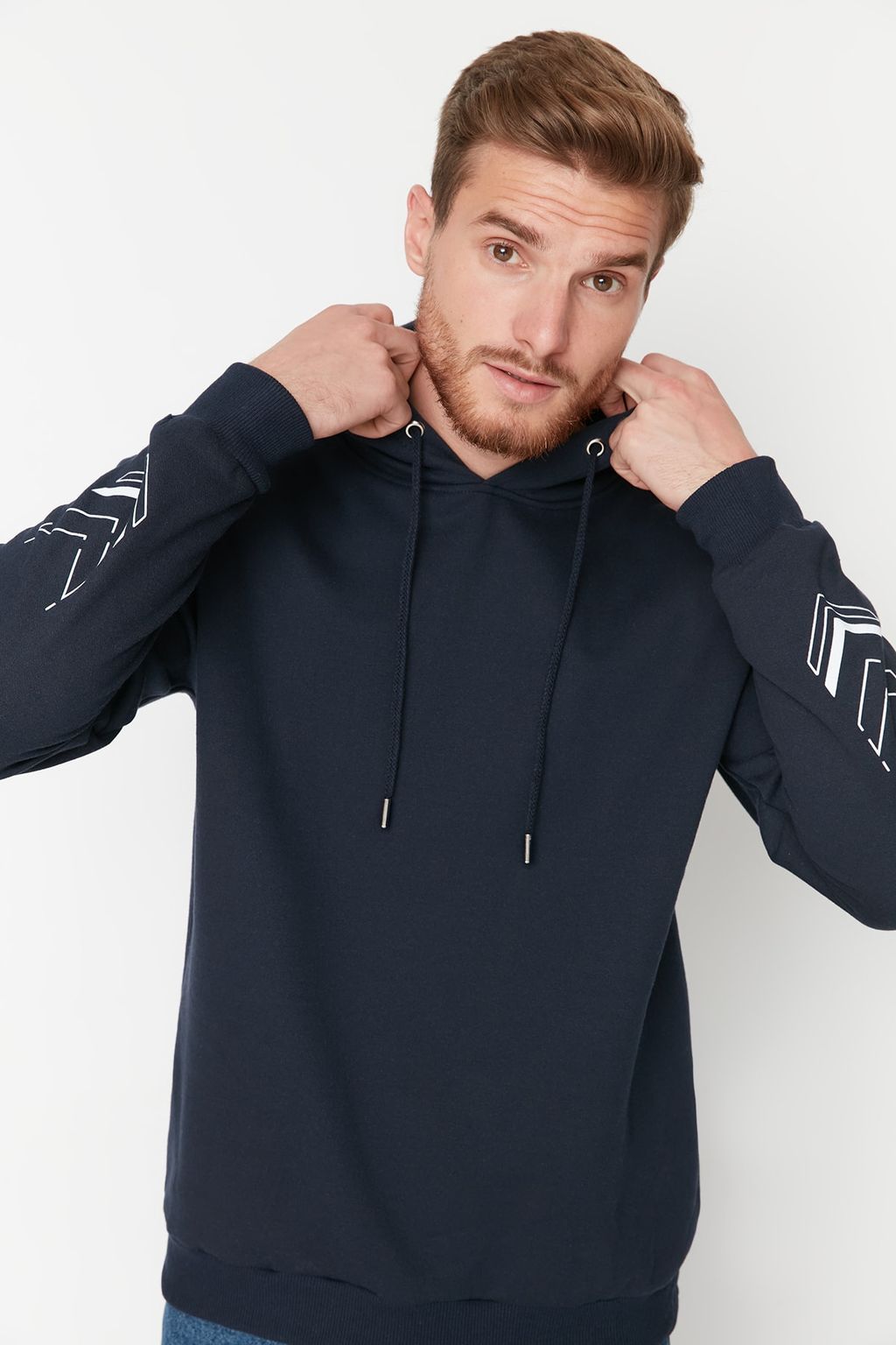 Lacivert Oversize/Genis Kesim Yaz? Bask?l? Ici Polar/S?cak Tutan Sweatshirt TMNAW23SW00024