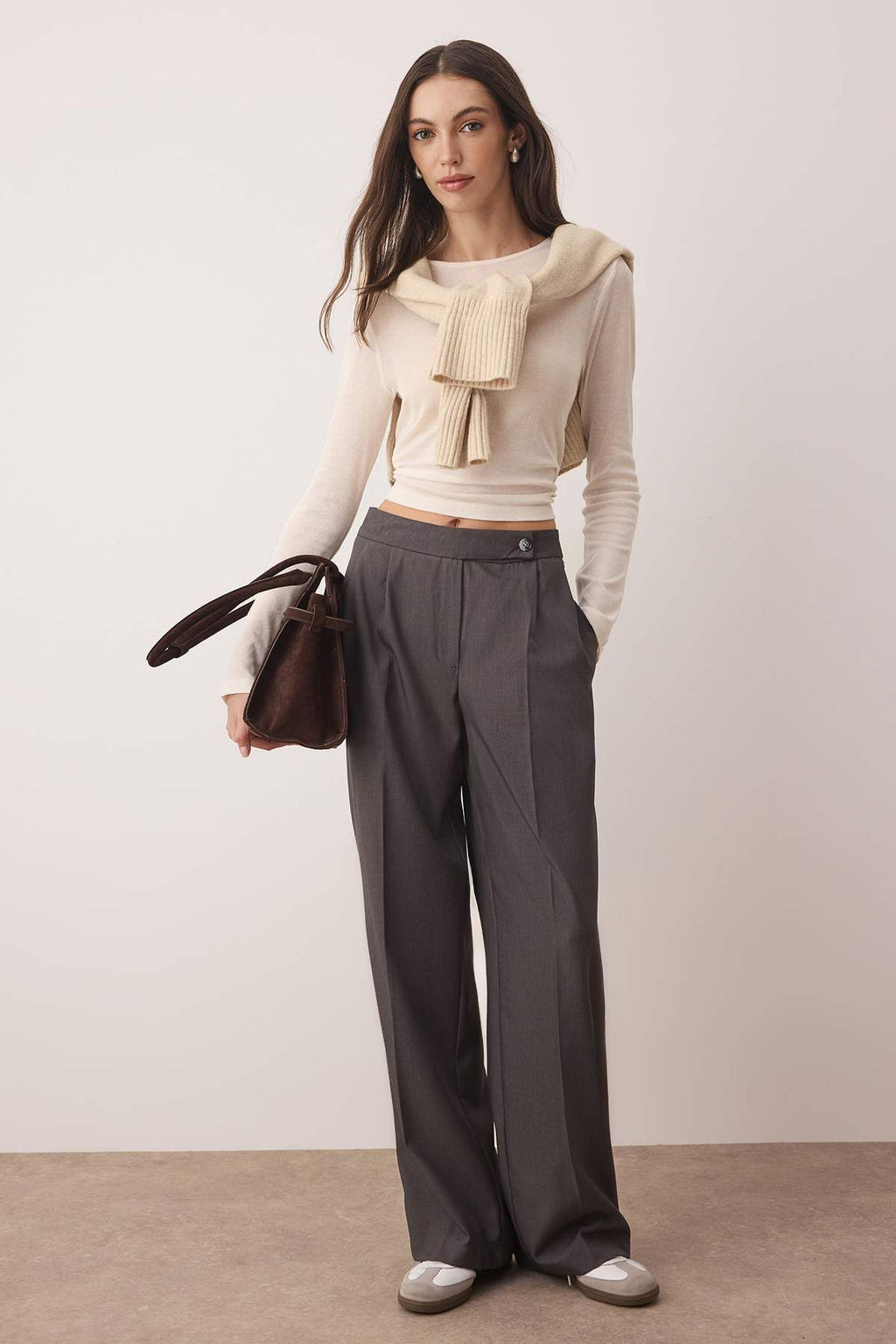 Gri Wide Leg/Genis Paca Yuksek Bel Dokuma Pantolon TWOAW26PL00036