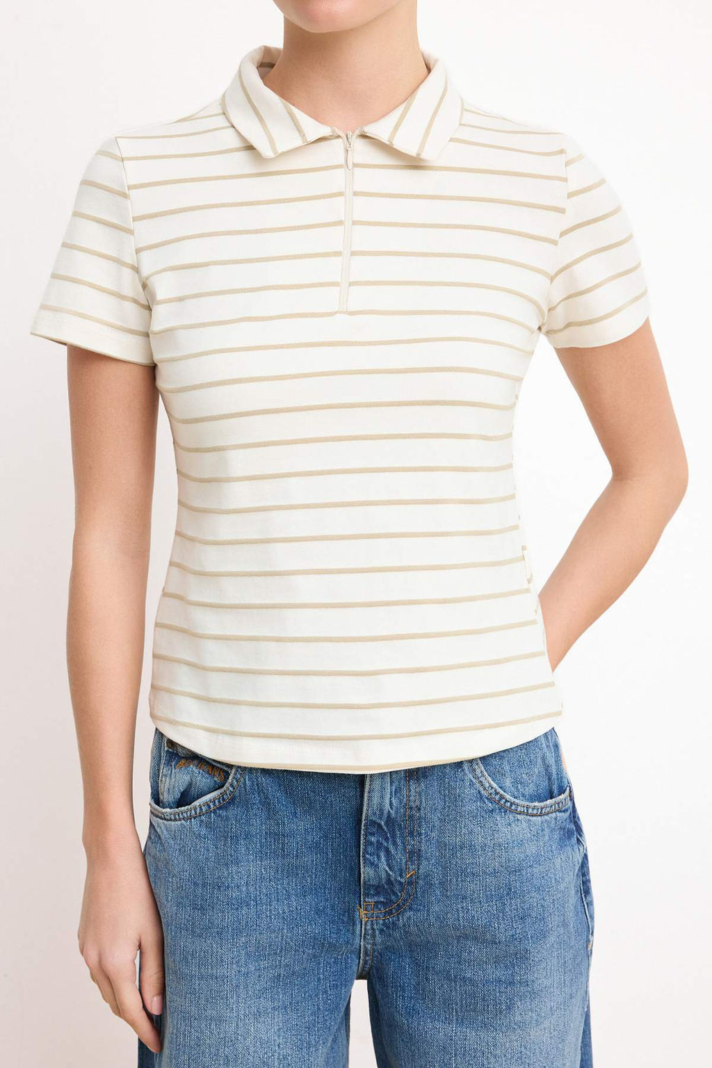 Ekru Cizgili Normal Kal?p Polo Yaka Fermuarl? Crop Yumusak Orme Bluz TWOSS26TS00025 - Trendyolmilla фото 4