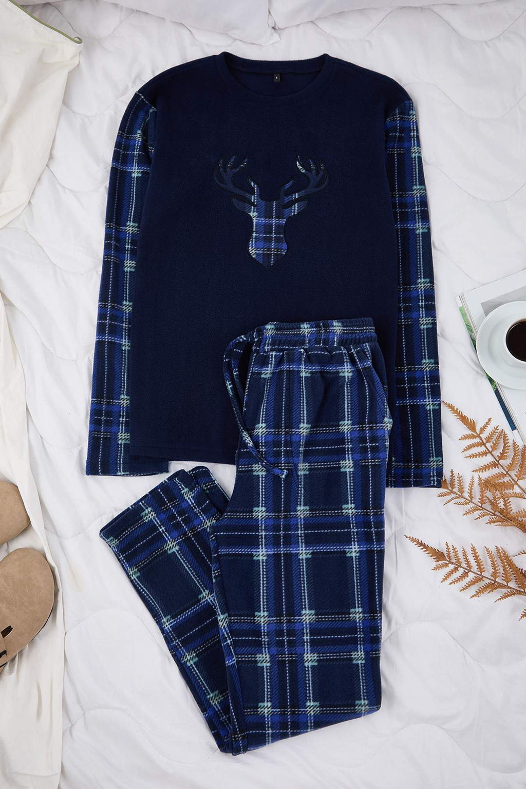 Lacivert Regular Fit Couple /Cift Ekose Desenli Polar Pijama Tak?m? TMNAW26PT00036