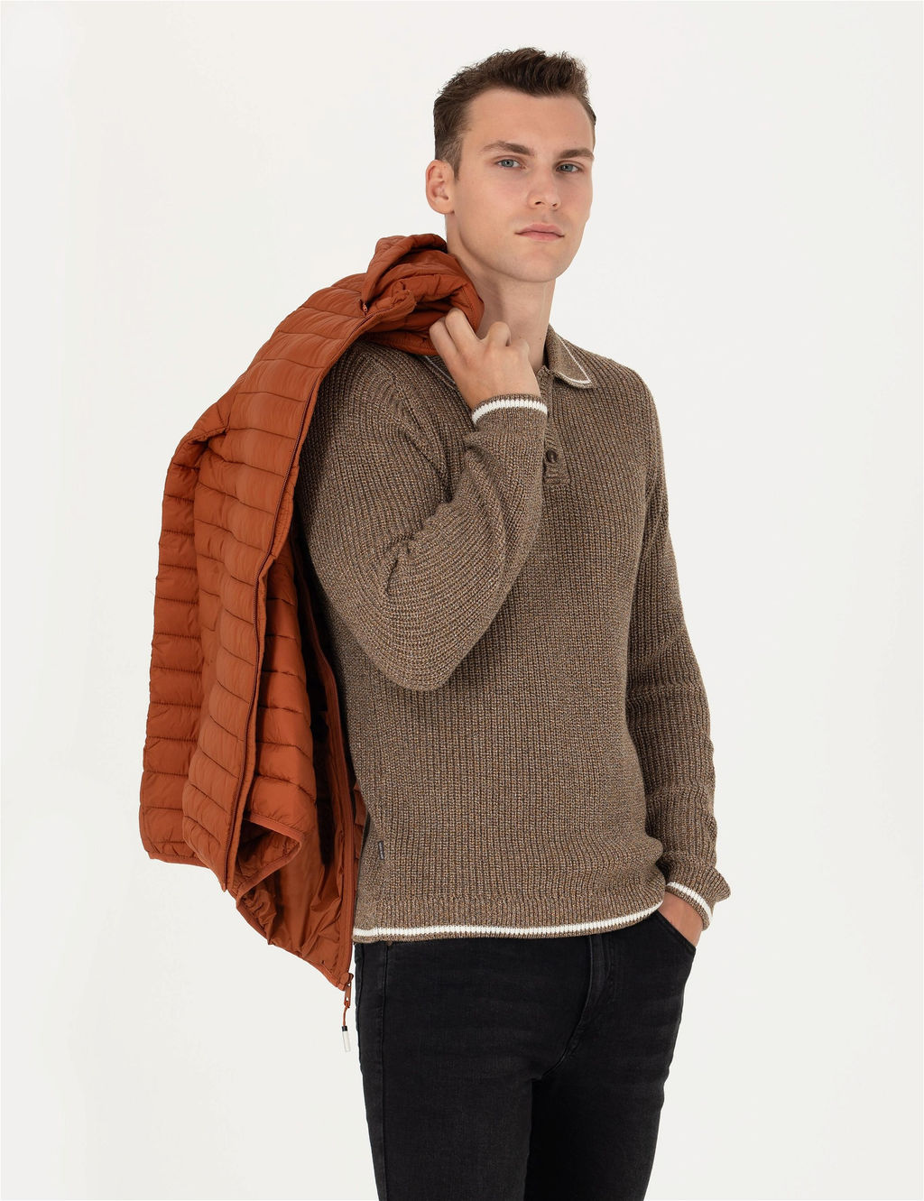 Kahverengi Slim Fit D__meli Polo Yaka Triko Kazak