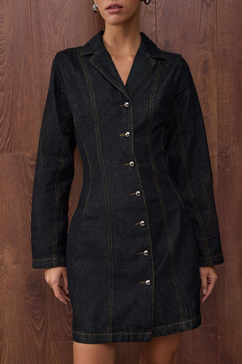 Ozel Koleksiyon Koyu Mavi Dikis Detayl? Mini Denim Elbise TWOAW26EL00047