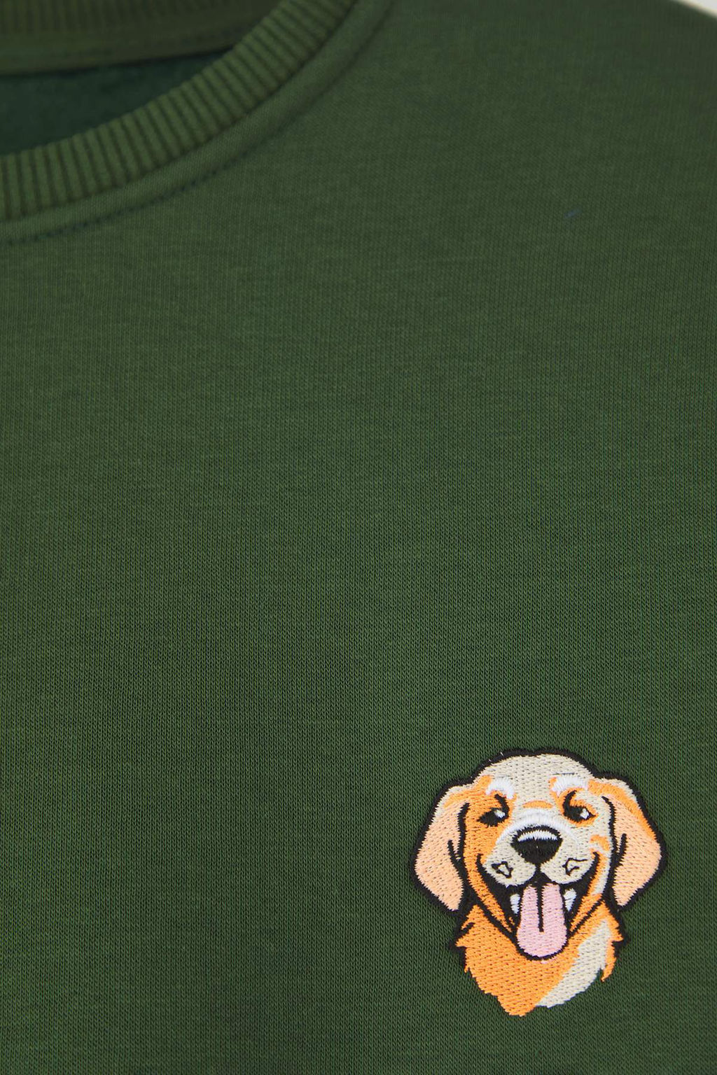 Haki Bisiklet Yaka Oversize/Genis Kesim Ici Polarl? Kopek Nak?s Sweatshirt TMNAW24SW00064