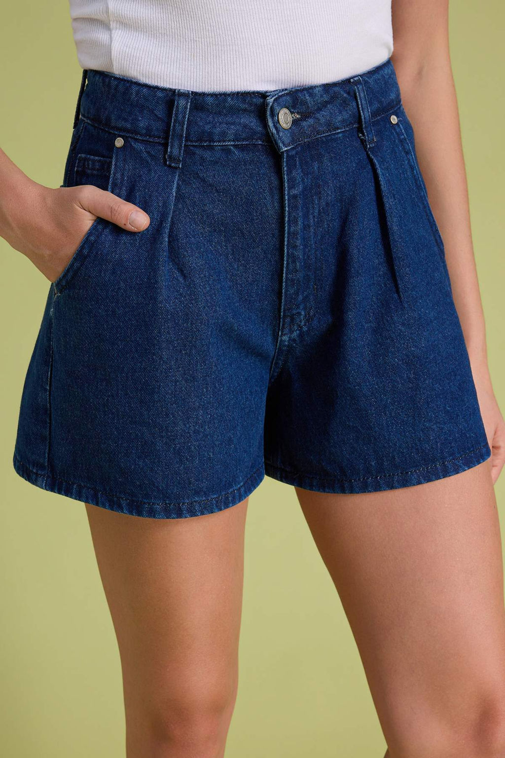 TRENDYOLMILLA Mavi More Sustainable Pileli Yuksek Bel Denim Sort TWOSS20SR0129  фото 30