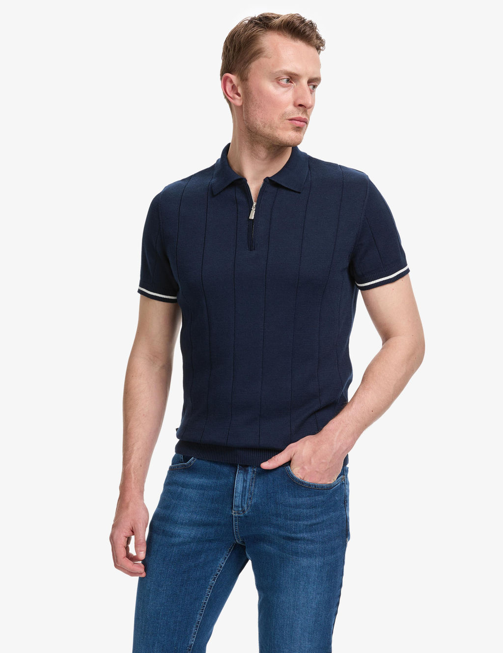 Lacivert Slim Fit %100 Pamuk Fermuarl_ Polo Yaka Triko Ti__rt