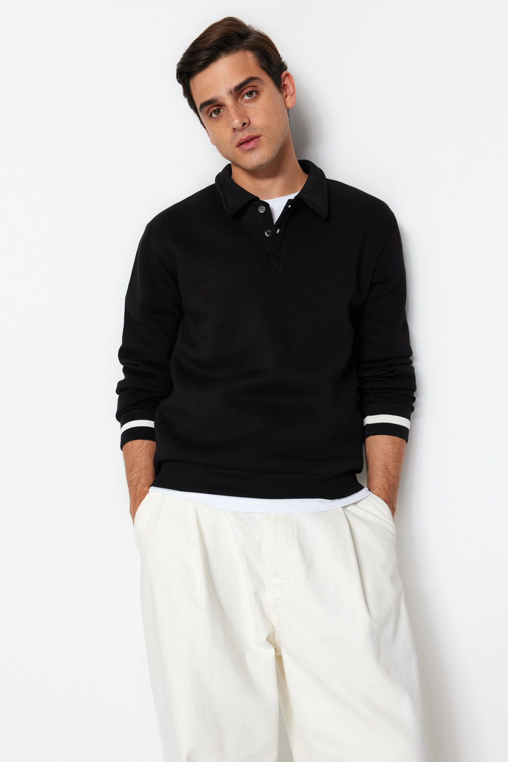 TRENDYOL MAN Kahverengi Oversize/Genis Kesim Dugmeli Polo Yaka Kal?n Ici Polarl? Sweatshirt TMNAW24SW00107 - Trendyolmilla фото 2