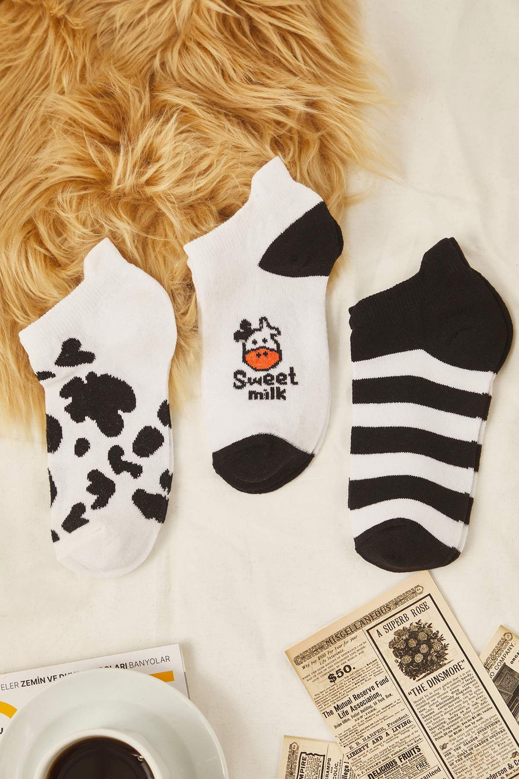 Siyah-Beyaz 3lu Paket Hayvan Desenli Jakar Orme Corap THMSS25CO00012 - Trendyolmilla фото 2