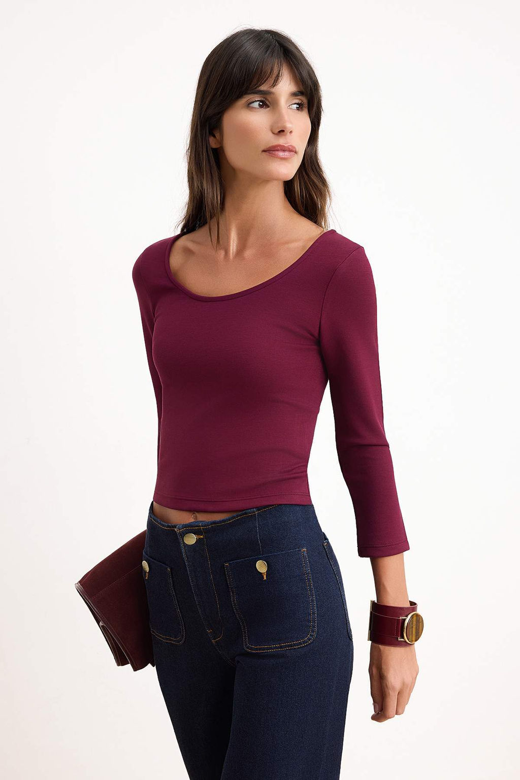 Bordo Fitted/Vucuda Oturan Havuz Yaka Ay Kol Truvakar Interlok Orme Bluz TWOSS26BZ00639