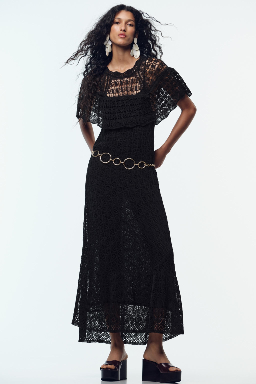 POINTELLE KNIT LONG DRESS WITH RUFFLE