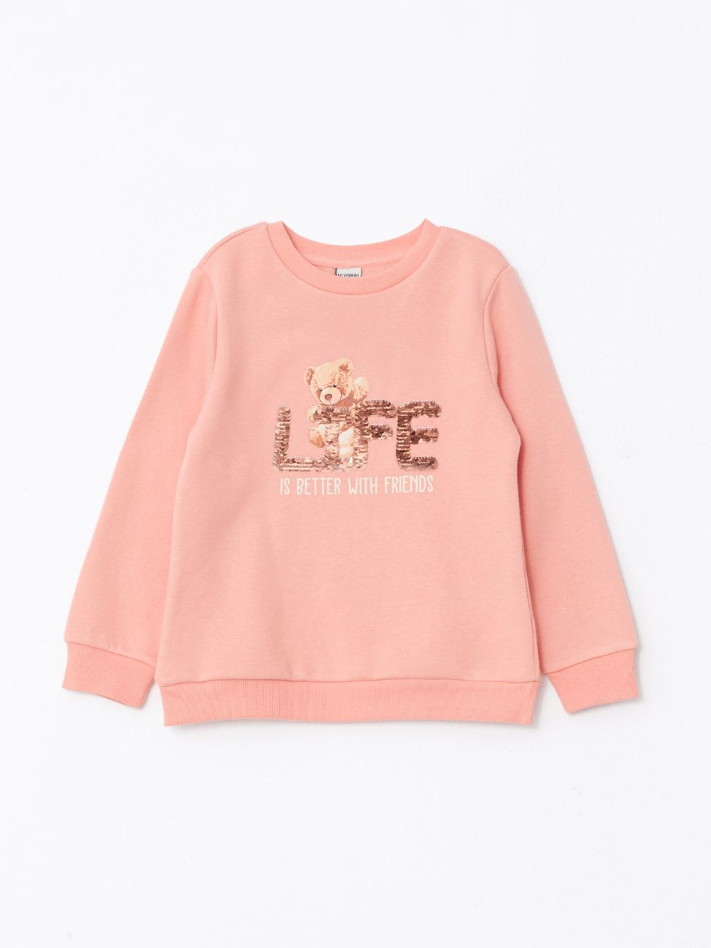 Bisiklet Yaka Bask?l? ?ift Y?nl? Payetli Uzun Kollu K?z ?ocuk Sweatshirt