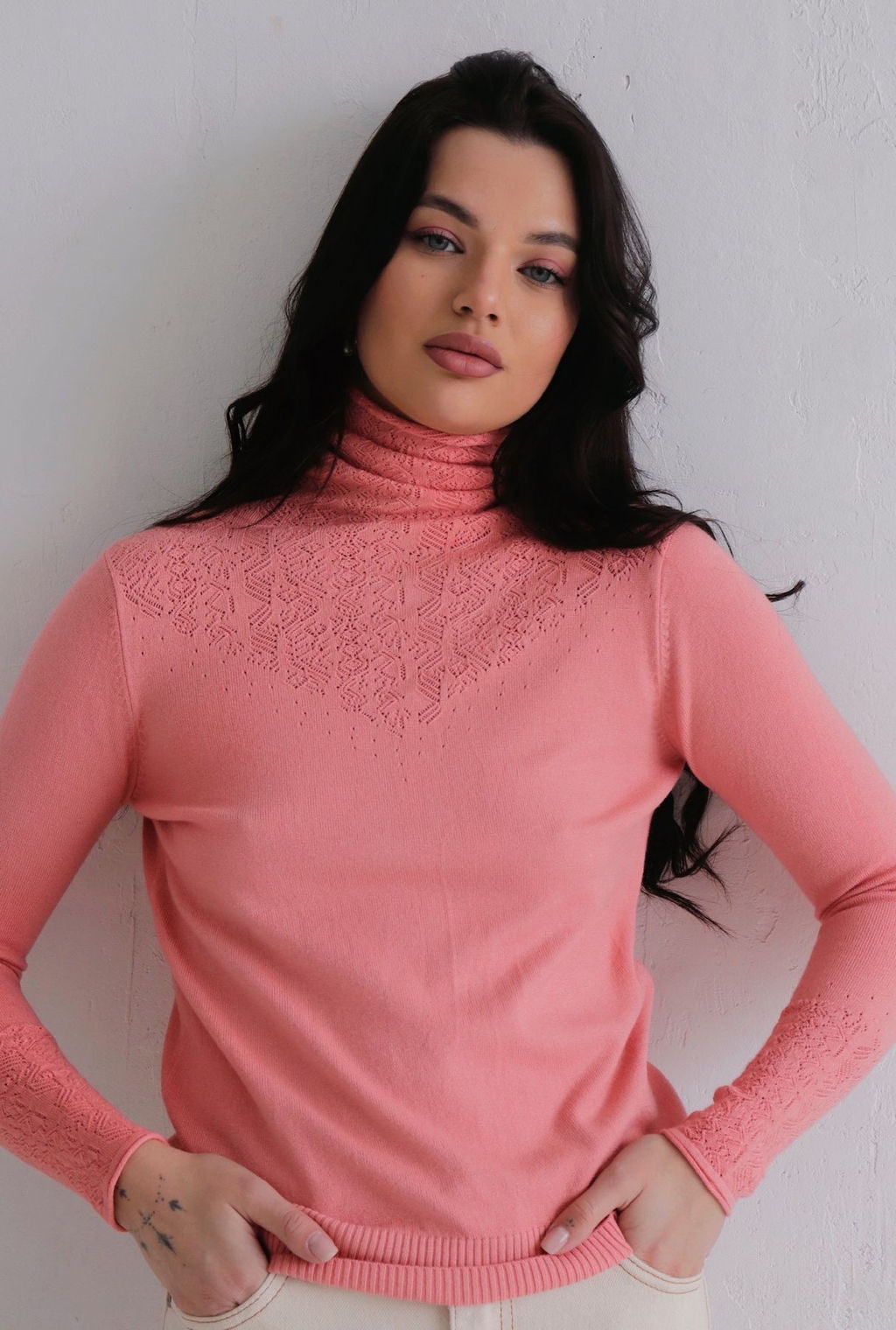 12199 Свитер с ажурной кокеткой розовый - Martichelli фото 9