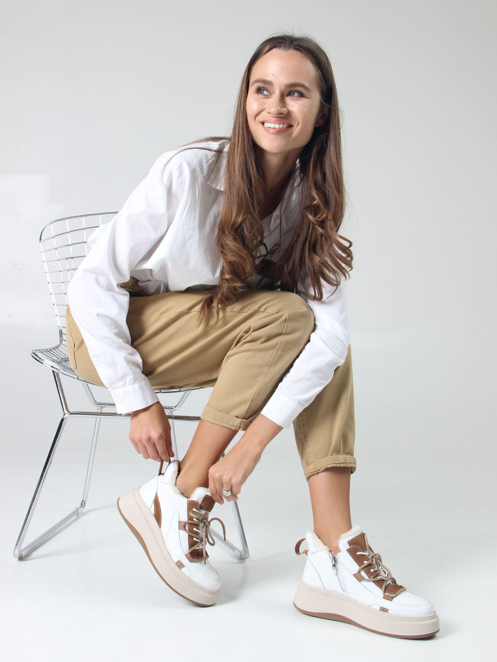 Ботинки 229.windybe. белый коричневый/Шерсть