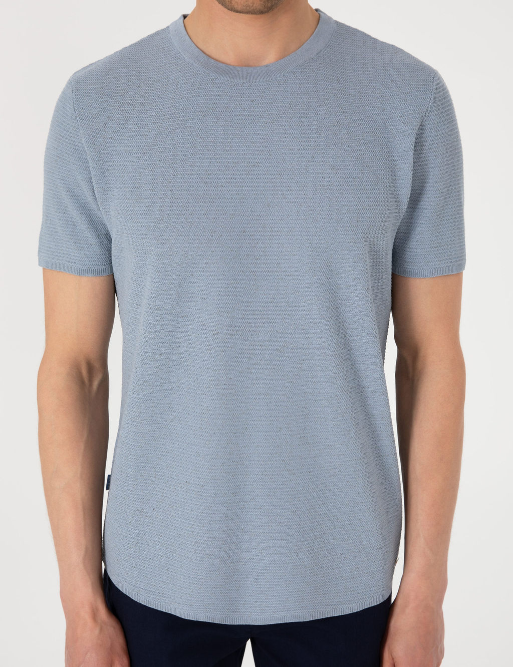 Mavi Slim Fit Keten Kar___ml_ Bisiklet Yaka Triko Ti__rt