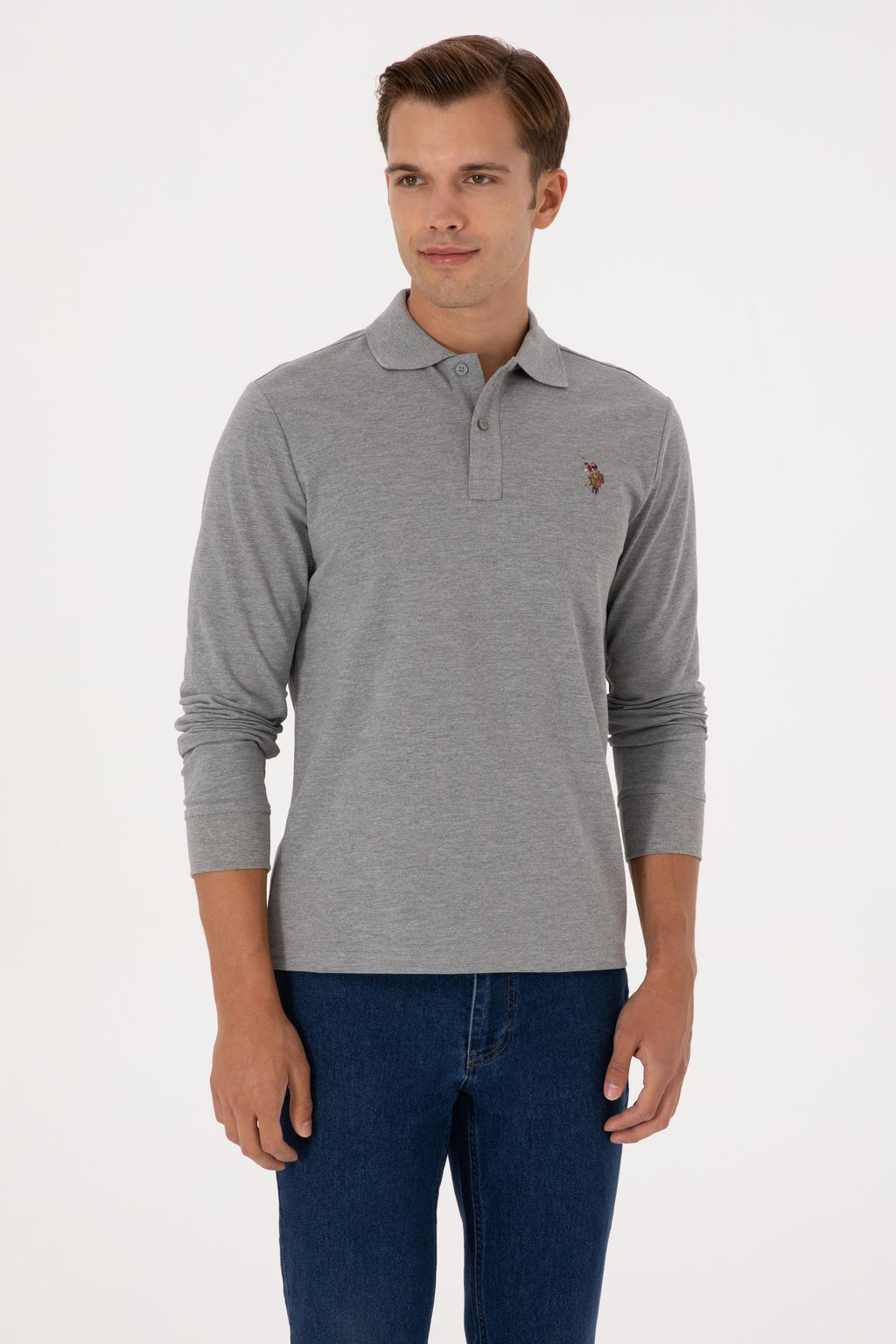 Erkek Regular Fit Polo Yaka Gr_ Melanj Basic Sweatshirt Sepette S_rpriz _ndirim