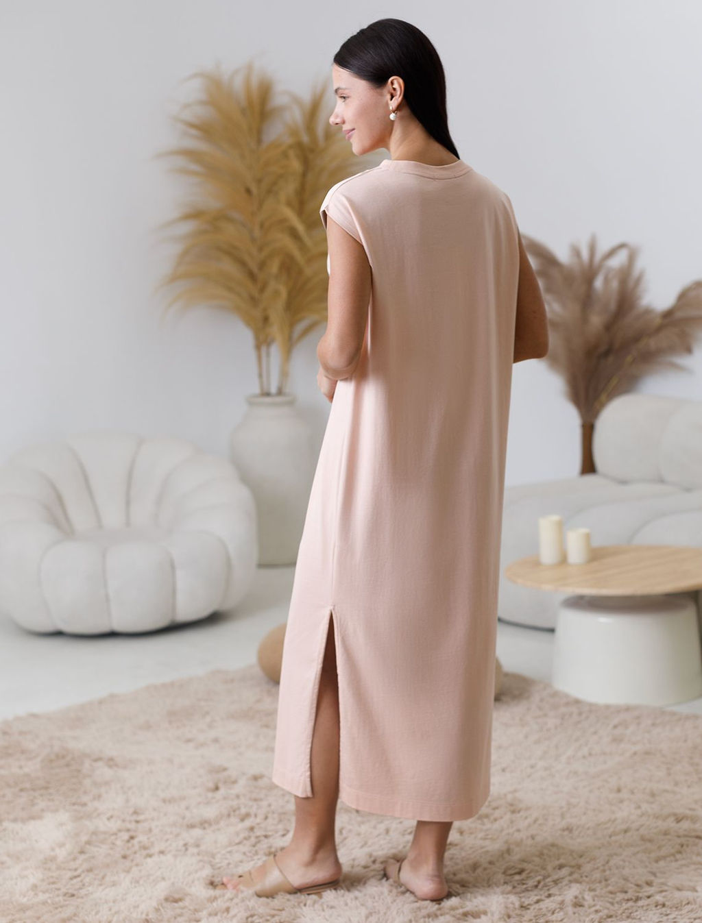 Длинное прямое платье с разрезами из 100% хлопка - Vilatte фото 3