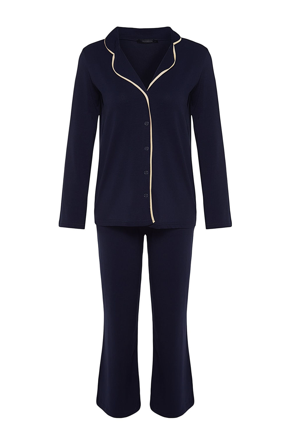Trendyolmilla Koyu Ten Pamuklu Biye Detayl? Gomlek-Pantolon Orme Pijama Tak?m? THMAW24PT00025 фото 15