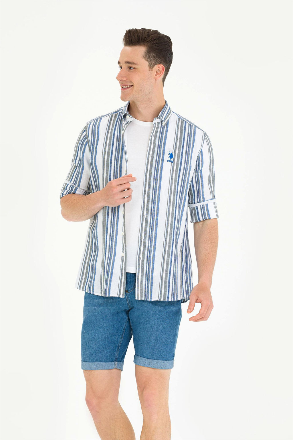 Мужская белая рубашка в полоску Saks - U.s. polo assn фото 2