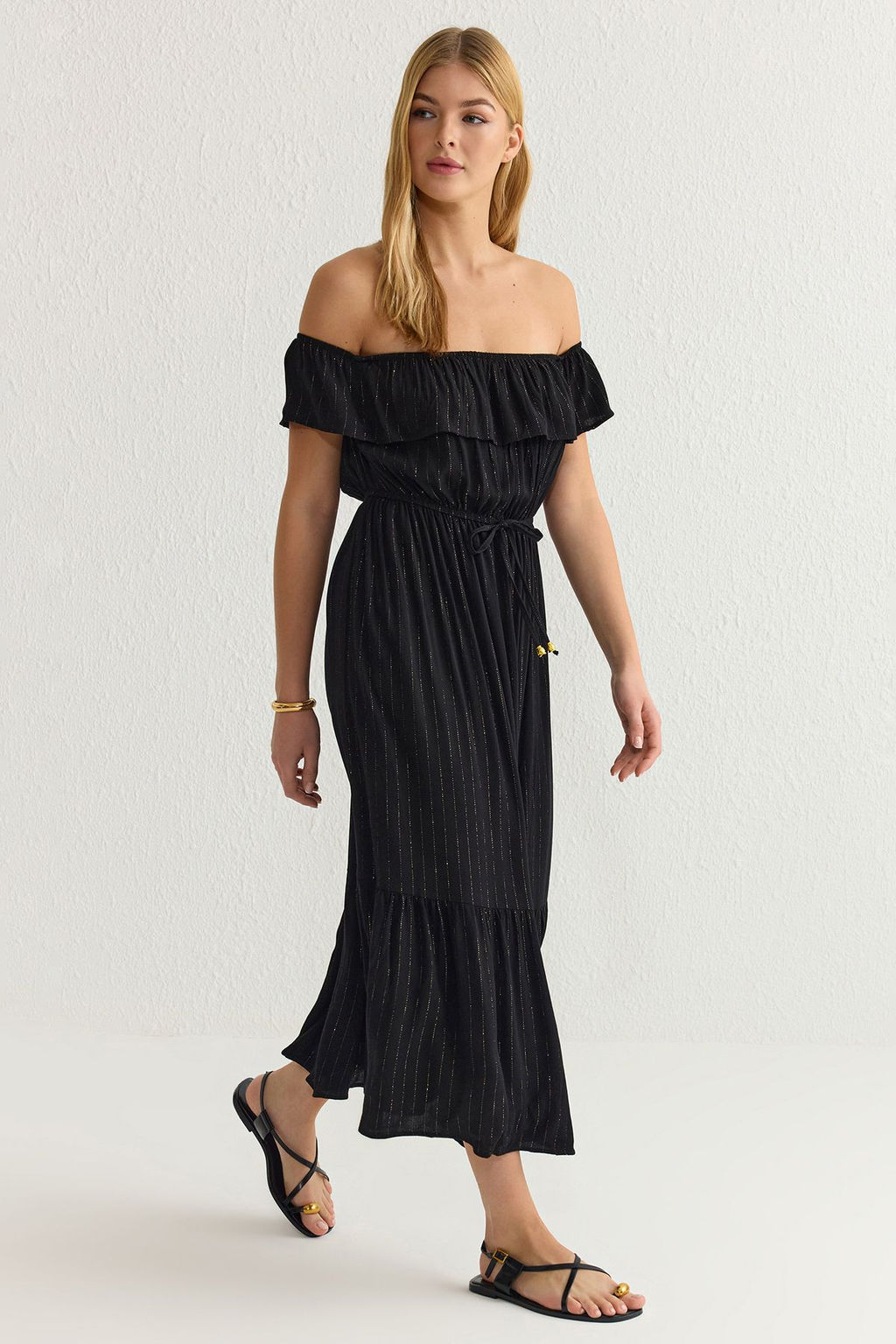 TRENDYOLMILLA Siyah Cizgili Etegi Belden Ac?lan Simli Kumas Midi Dokuma Elbise TWOSS25EL00020 фото 2