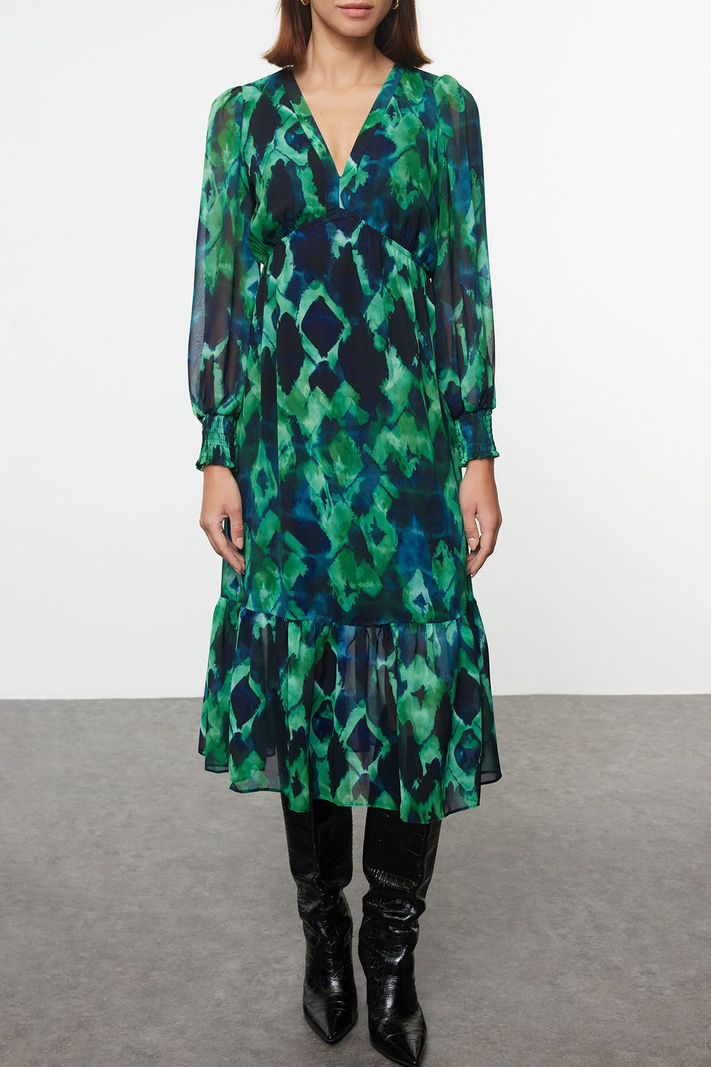TRENDYOLMILLA Siyah Belden Ac?lan Astarl? Midi Sifon Dokuma Elbise TWOAW24EL00710  фото 3