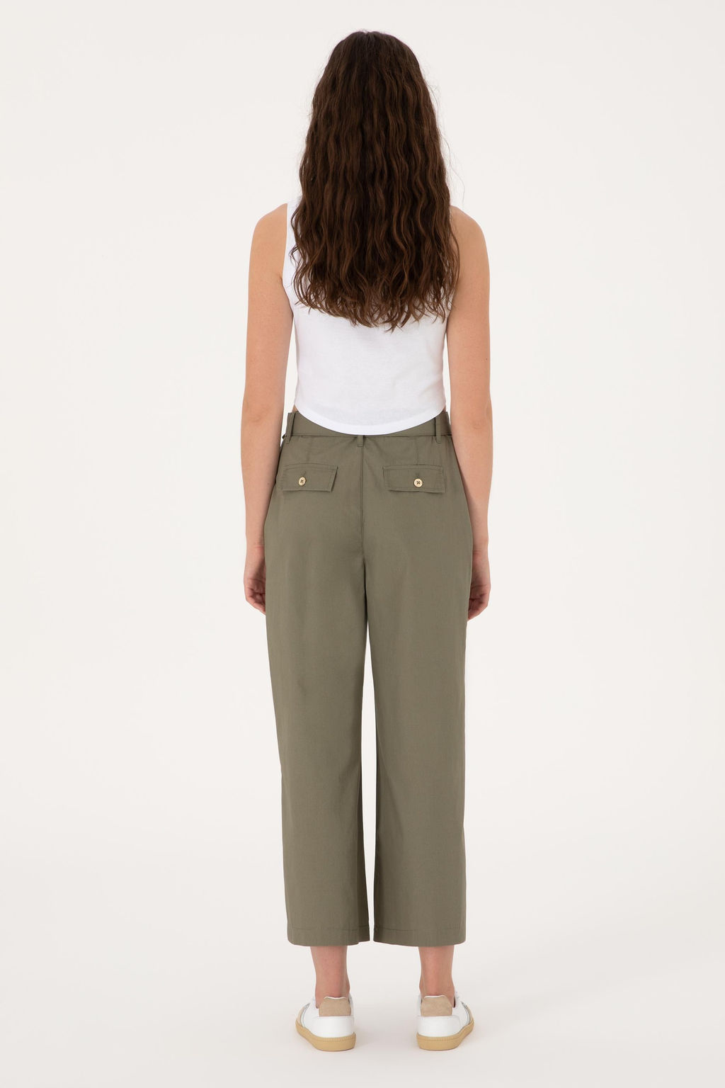 Kad_n Koyu Haki Flare Cropped Fit Kanvas Pantolon