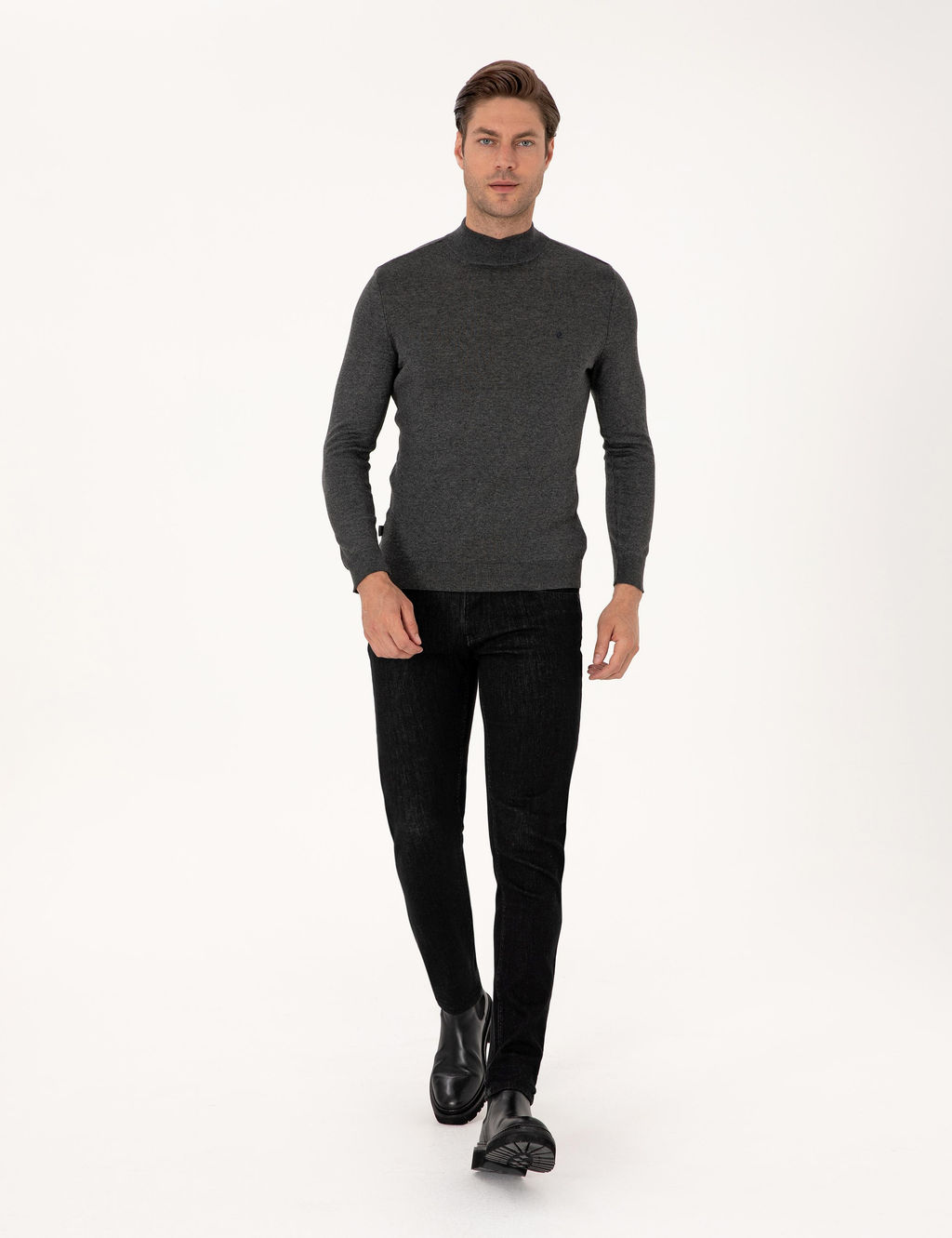 Antrasit Melanj Slim Fit Yar_m Bal_k__ Yaka Basic Triko Kazak - Pierre cardin фото 4