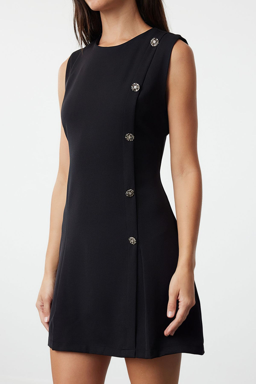 TRENDYOLMILLA Siyah Duz Kesim Dugme Detayl? Mini Dokuma Elbise TWOSS24EL00704  фото 12