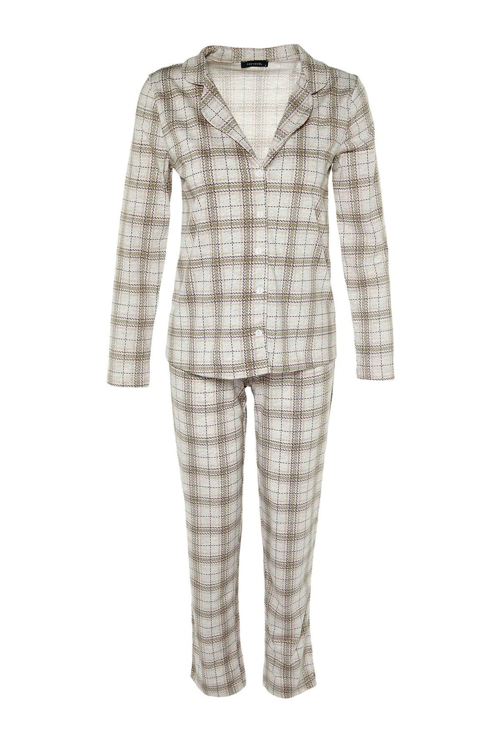 Trendyolmilla Bej %100 Pamuklu Ekoseli Orme Pijama Tak?m? THMAW20PT0266  фото 12