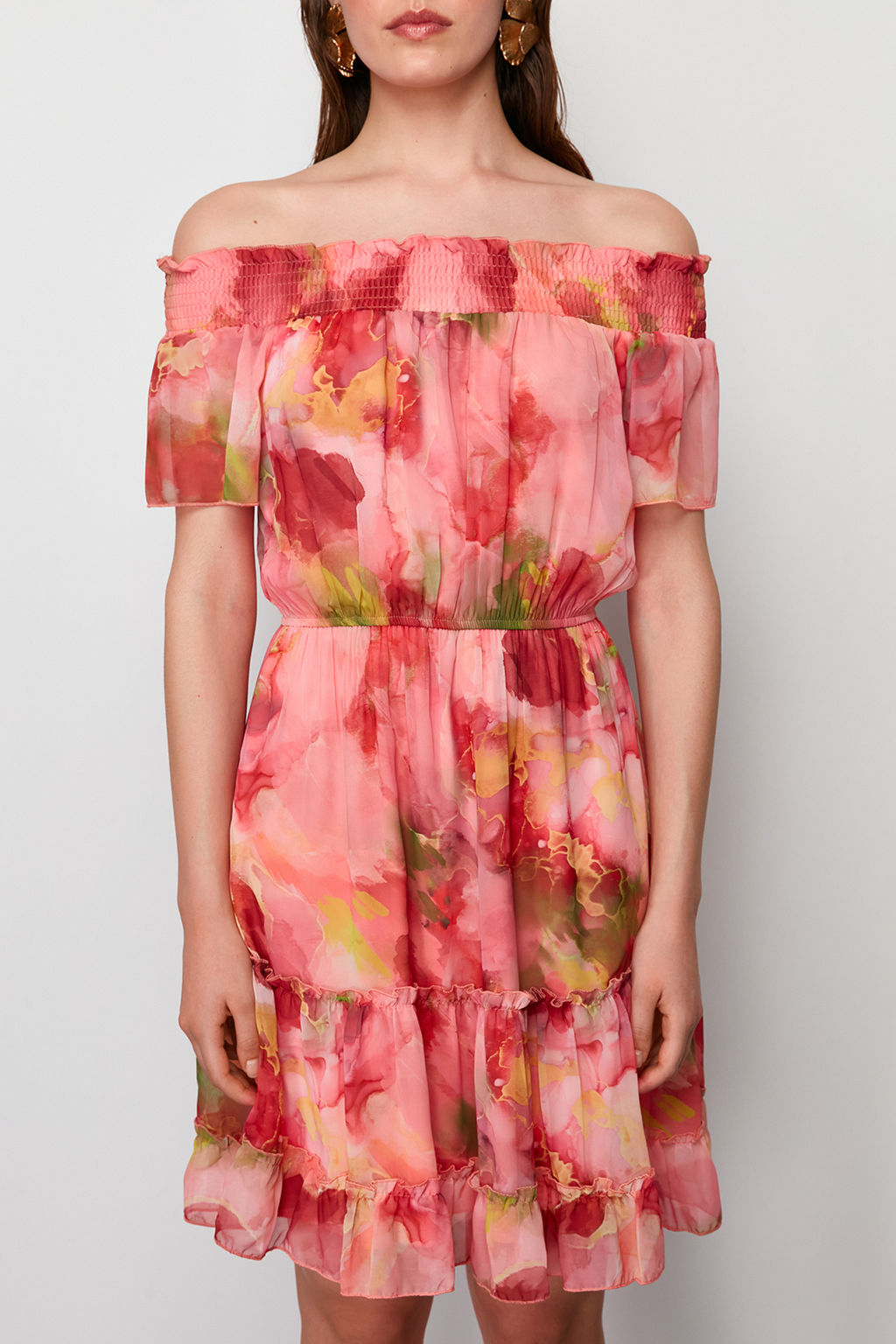 Pembe Cicekli Etegi Belden Ac?lan Gipe Detayl? Madonna Yaka Mini Dokuma Elbise TWOSS24EL00746 - Trendyolmilla фото 4