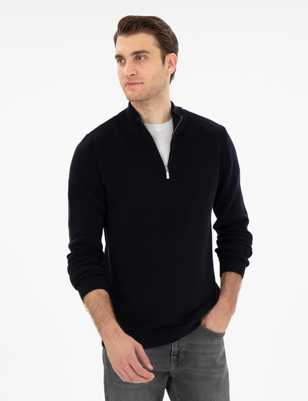 Lacivert Slim Fit Fermuarl_ Dik Yaka Kazak