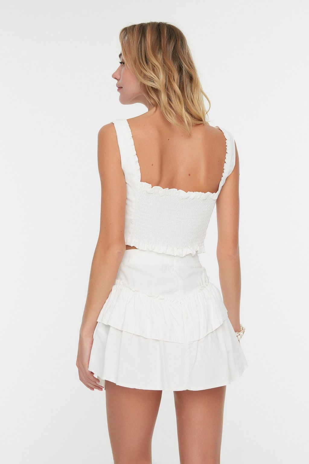 Plaj Giyim Beyaz Dokuma F?rf?rl? Yuksek Bel Mini Bluz-Etek Tak?m TBESS21AU0093 - Trendyolmilla фото 5