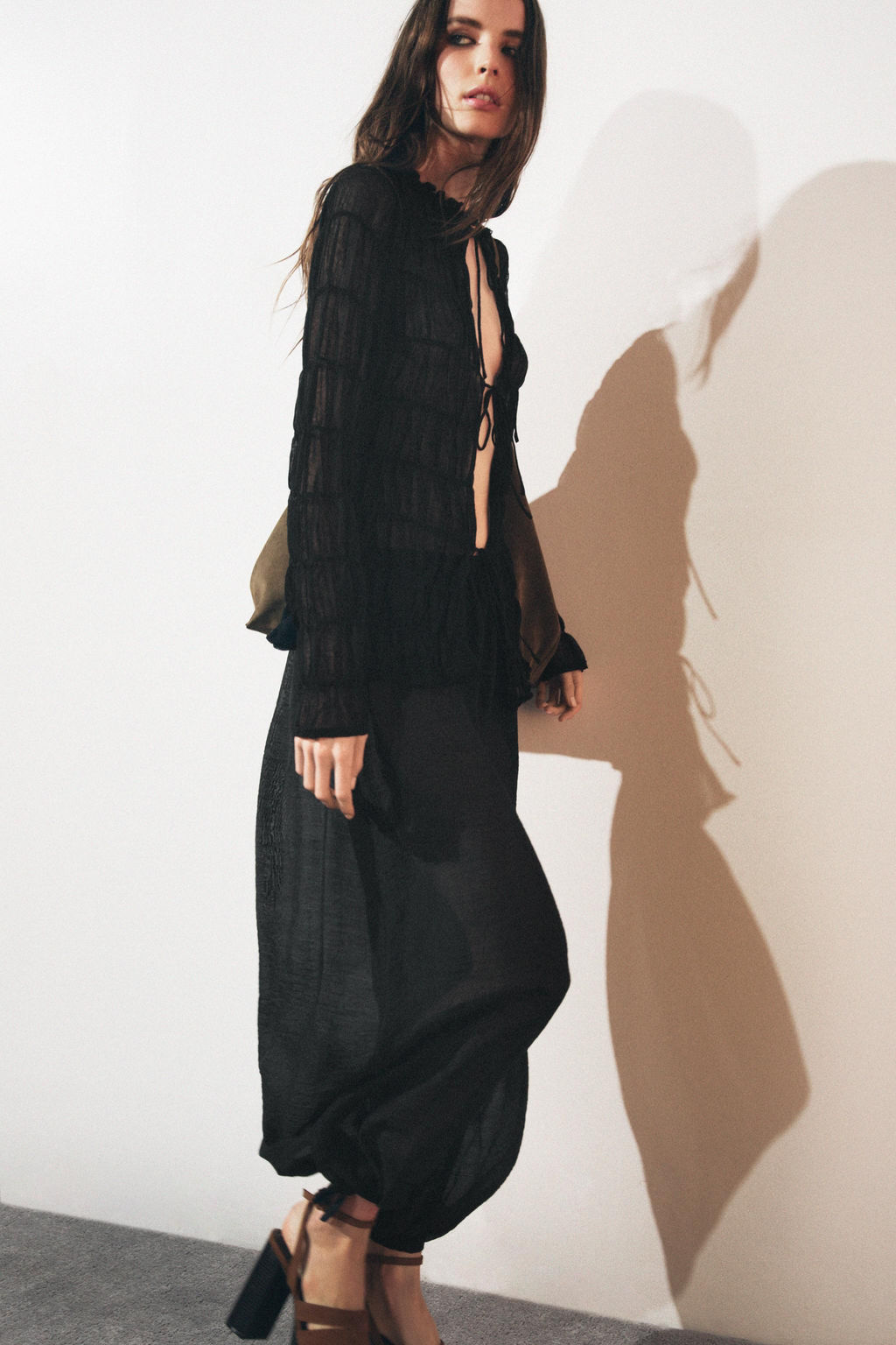 SEMI-SHEER KNIT BLOUSE WITH GATHERED DETAILS