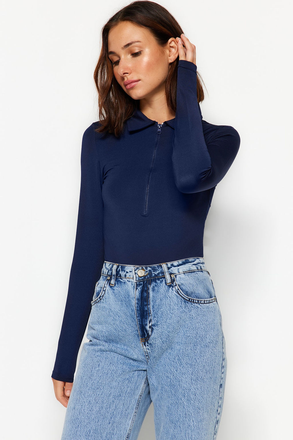 Lacivert Fermuar Yaka Detayl? C?tc?tl? Esnek Orme Body TWOAW24BD00005