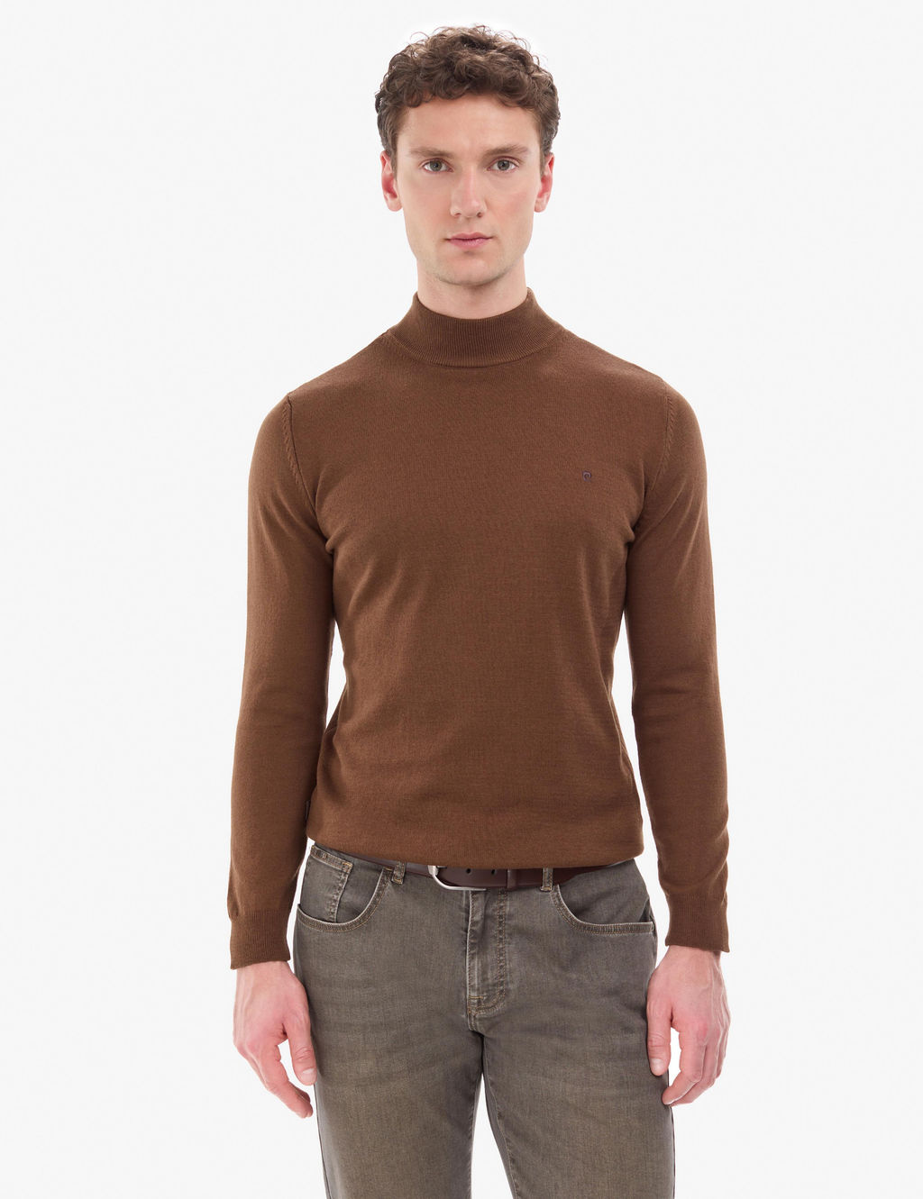 Koyu Kahverengi Slim Fit Yar_m Bal_k__ Yaka Basic Triko Kazak