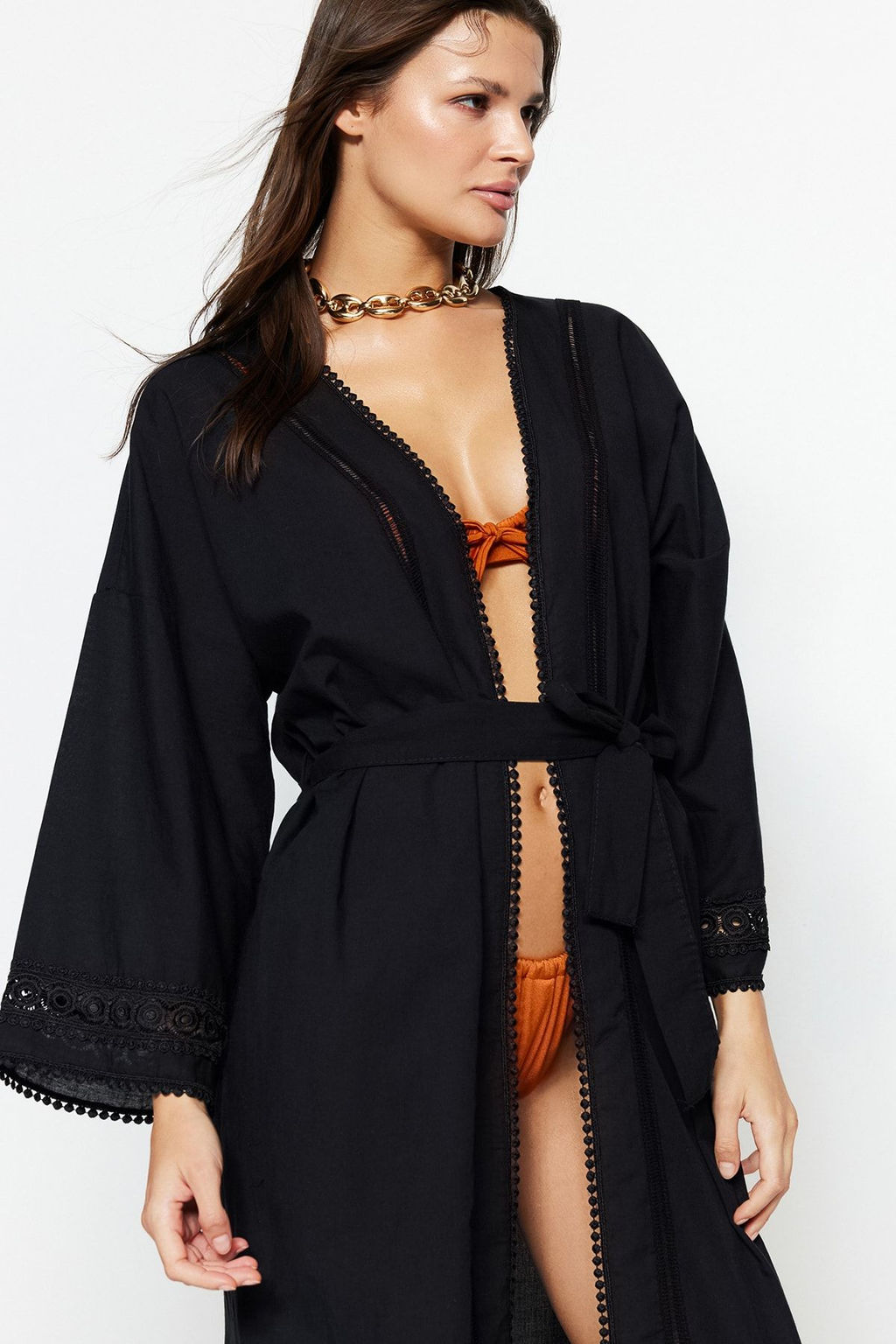 Ekru Kusakl? Dokuma Serit Aksesuarl? Midi Plaj Kimono&Kaftan TBESS21KM0008 - Trendyolmilla фото 13