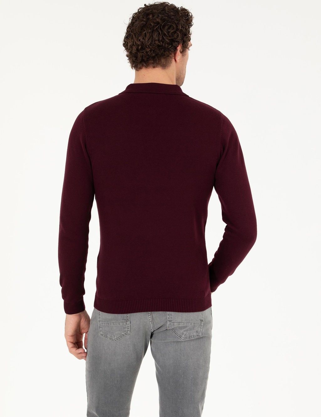 Бордово-красный базовый трикотажный свитер с воротником-поло приталенного кроя - Cacharel фото 5