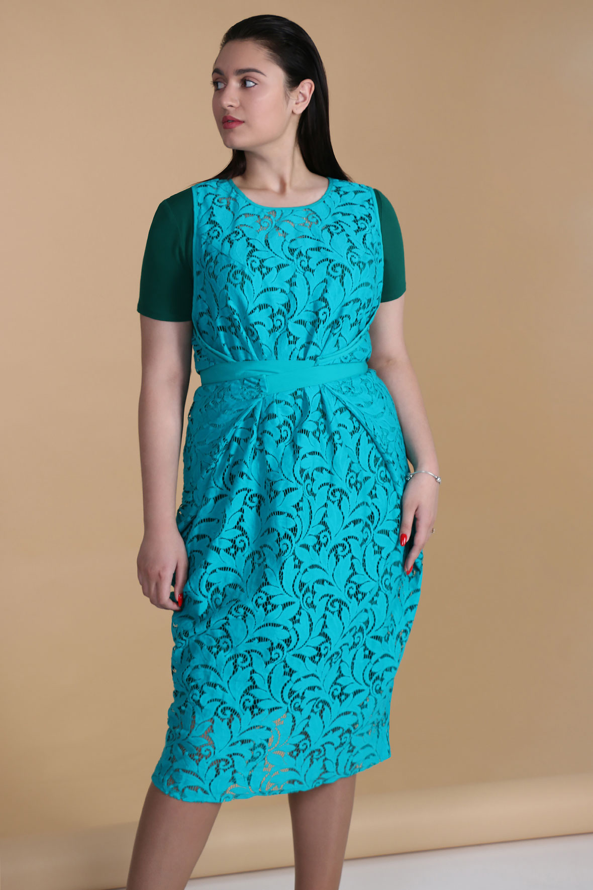 Платье-двойка белорусское с накидкой из гипюра - Almond фото 2