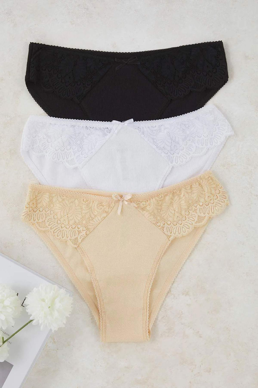 Siyah-Beyaz-Ten 3lu Kaskorse Dantel Detayl? Duz Brazilian Kulot THMAW26KU00005 - Trendyolmilla фото 8