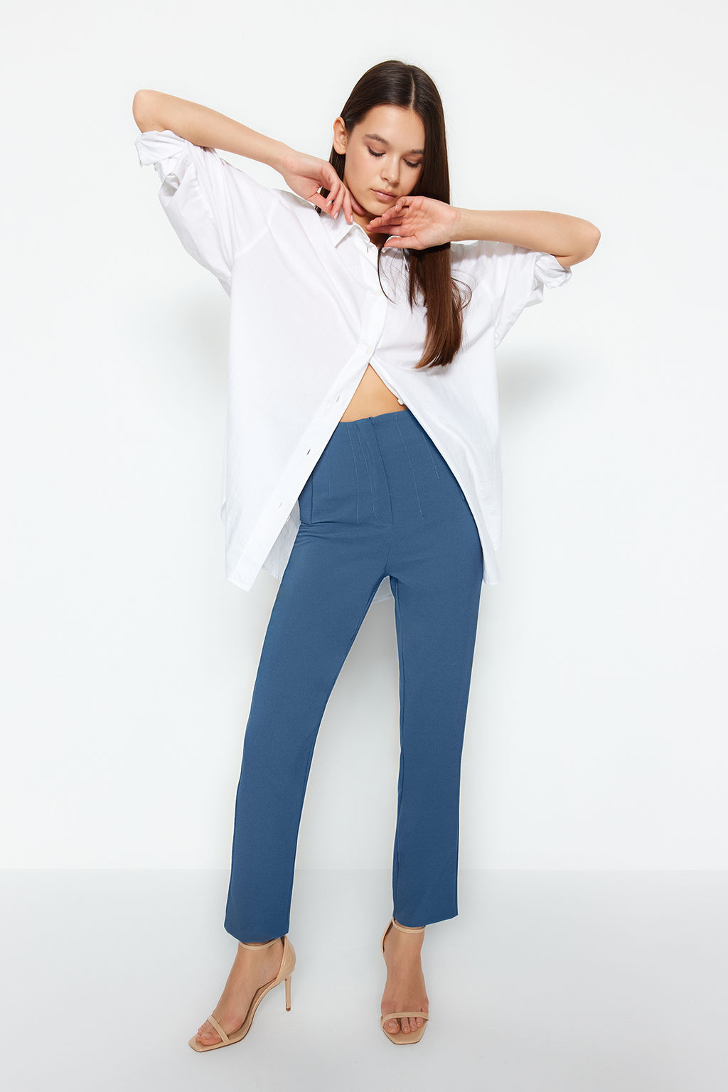 Indigo Cigarette Kal?p Pensli Yuksek Bel Bilek Boy Dokuma Kumas Pantolon TWOSS20PL0515