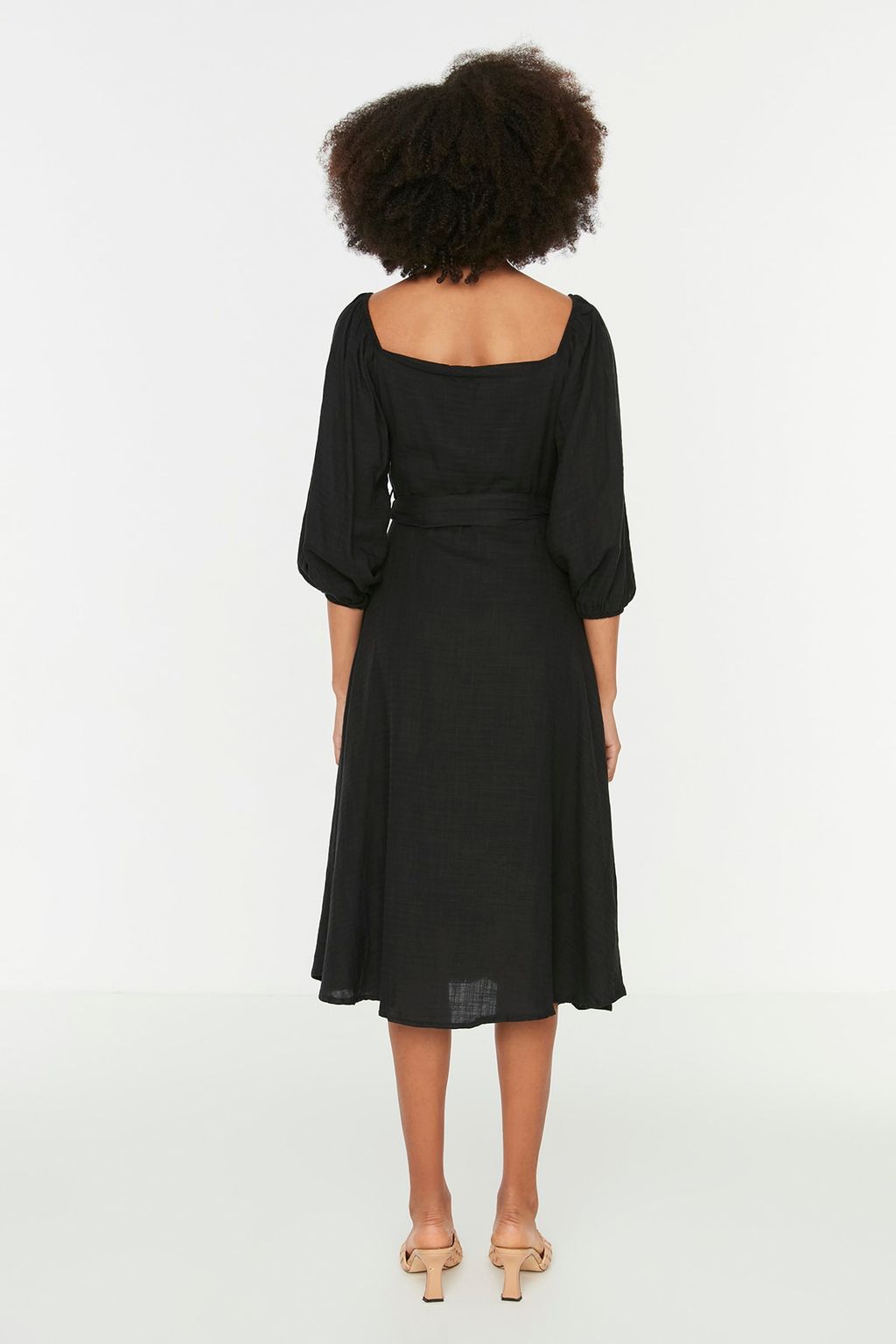 TRENDYOLMILLA Ekru Kusakl? Midi Dugmeli Kare Yaka Dokuma Keten Gorunumlu Elbise TWOSS19IE0009  фото 9