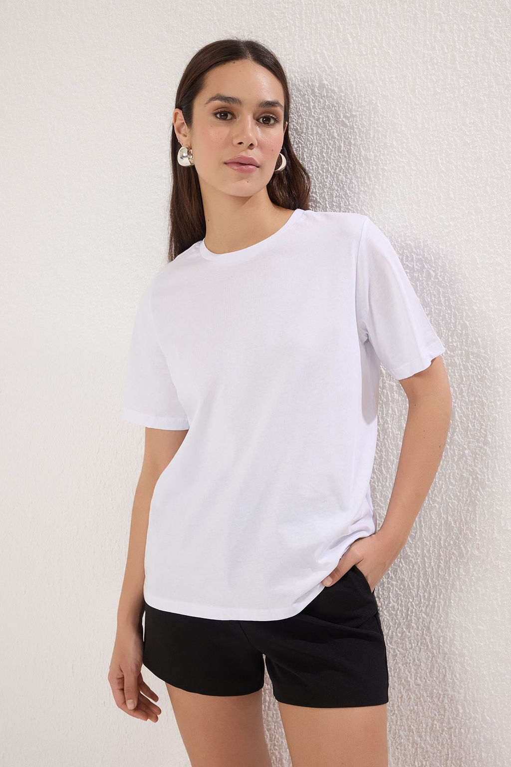 Beyaz-Beyaz Basic %100 Pamuk Bisiklet Yaka 2li Paket Orme T-Shirt TWOSS20TS0141