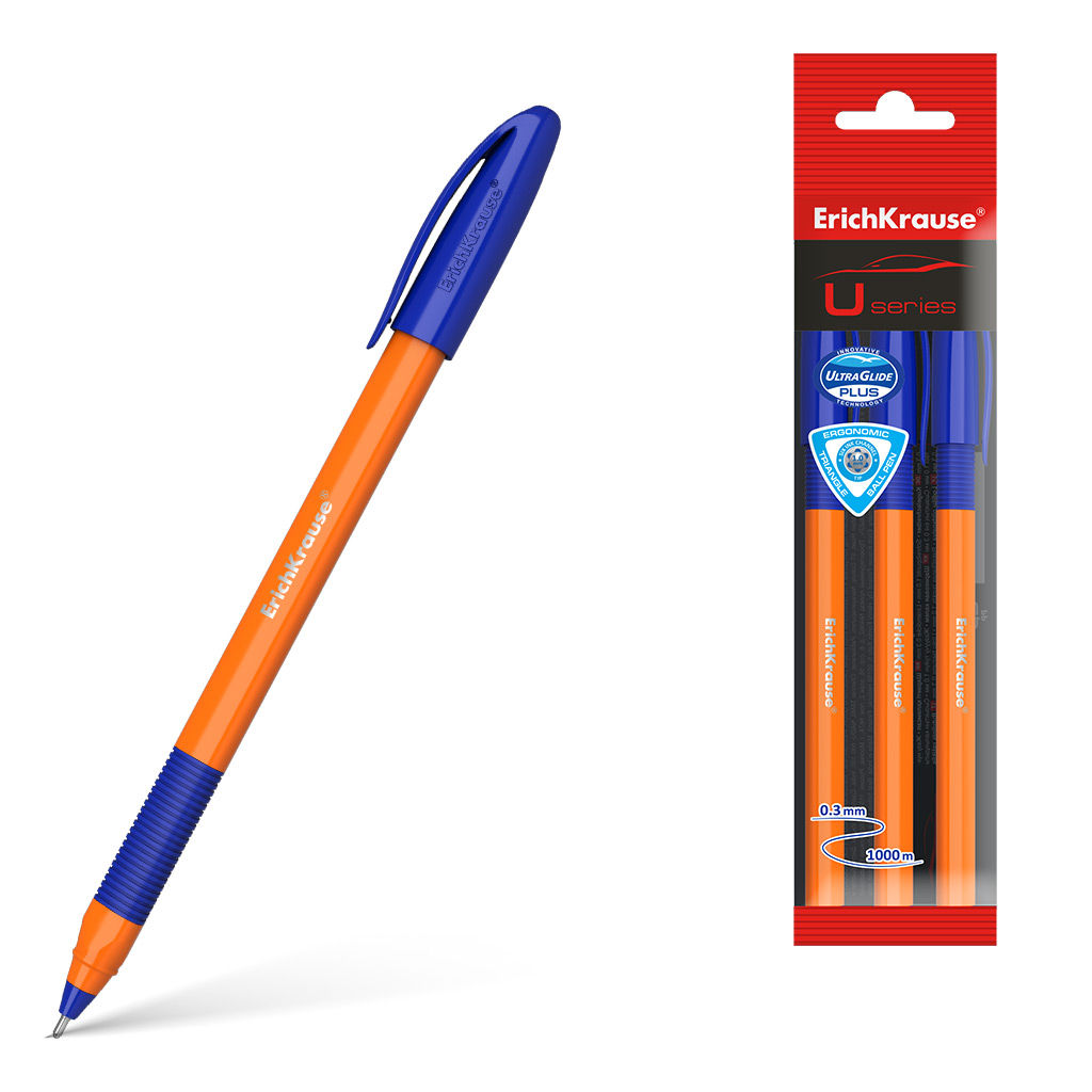 Цена за 12 шт. Набор из 3 ручек шариковых ErichKrause U-109 Stick&Grip Orange 0.7, Ultra Glide Technology, цвет чернил синий (в пакете)