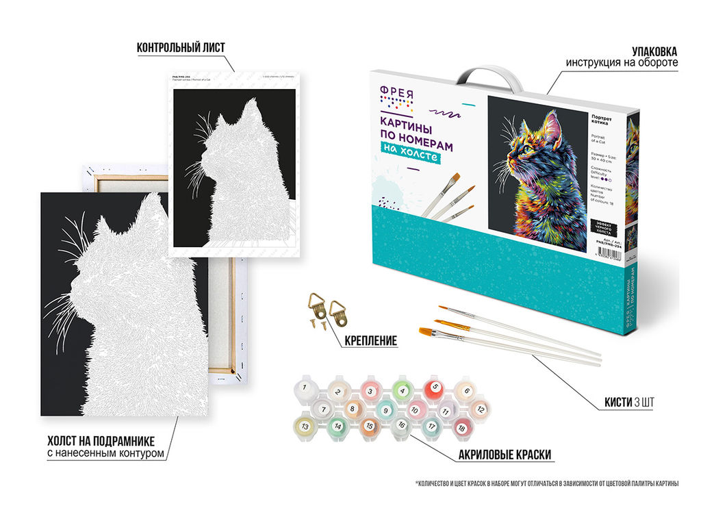 ФРЕЯ PNB/PMB-294 Набор для раскрашивания по номерам ( эффект черного холста ) 40 х 30 см Портрет котика