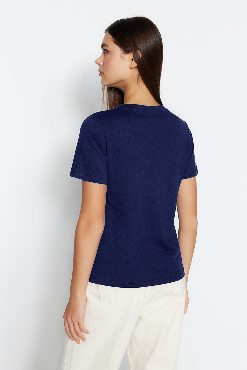 Lacivert %100 Pamuk Basic V Yaka Orme T-Shirt TWOSS23TS00001